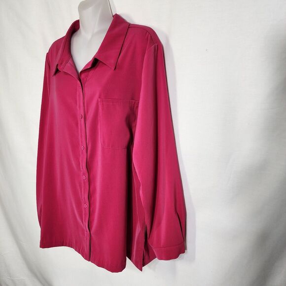 Susan Graver Womens Shirt Size 14 Stretch Peachskin Button Front Big Pink Hi Low - Picture 5 of 9